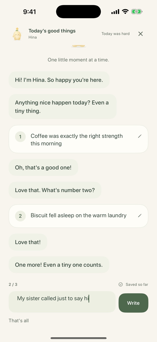 Chat screen with two entries saved: coffee that was exactly right, and the cat asleep on warm laundry. A third is being typed.