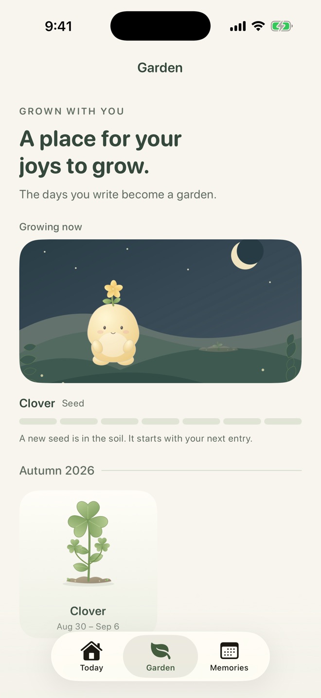 Garden tab: a night garden with Hina, the plant now growing, and a harvest card labeled Clover, Aug 30 to Sep 6, under the heading Autumn 2026.