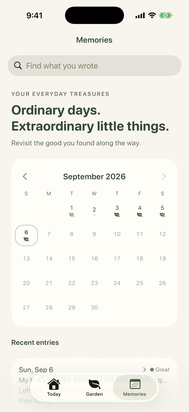 Memories calendar for September: leaf icons on days with entries and a faint gray dot on the one skipped day.